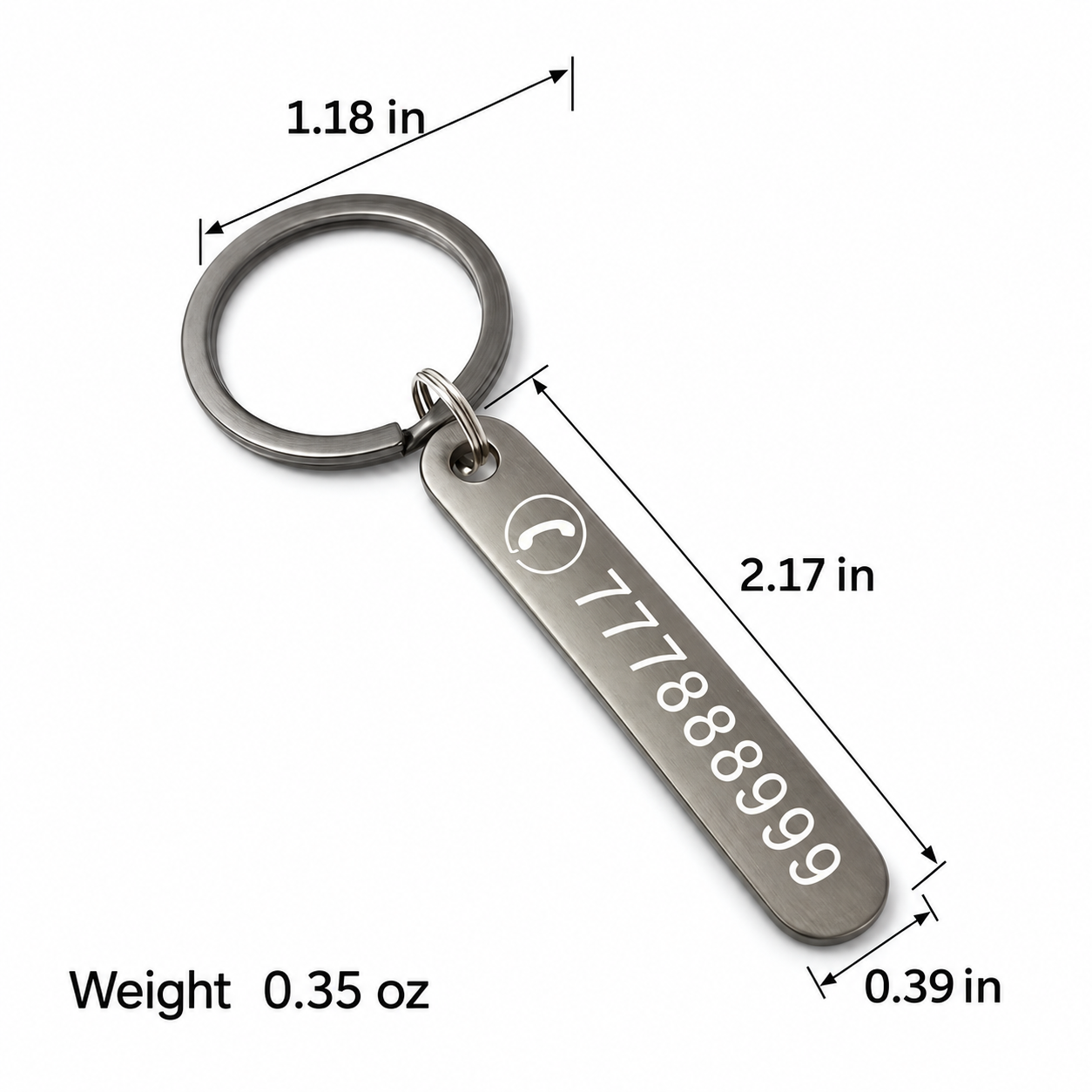 Personalized emergency contact keychain, custom metal tag with sample engraved phone number