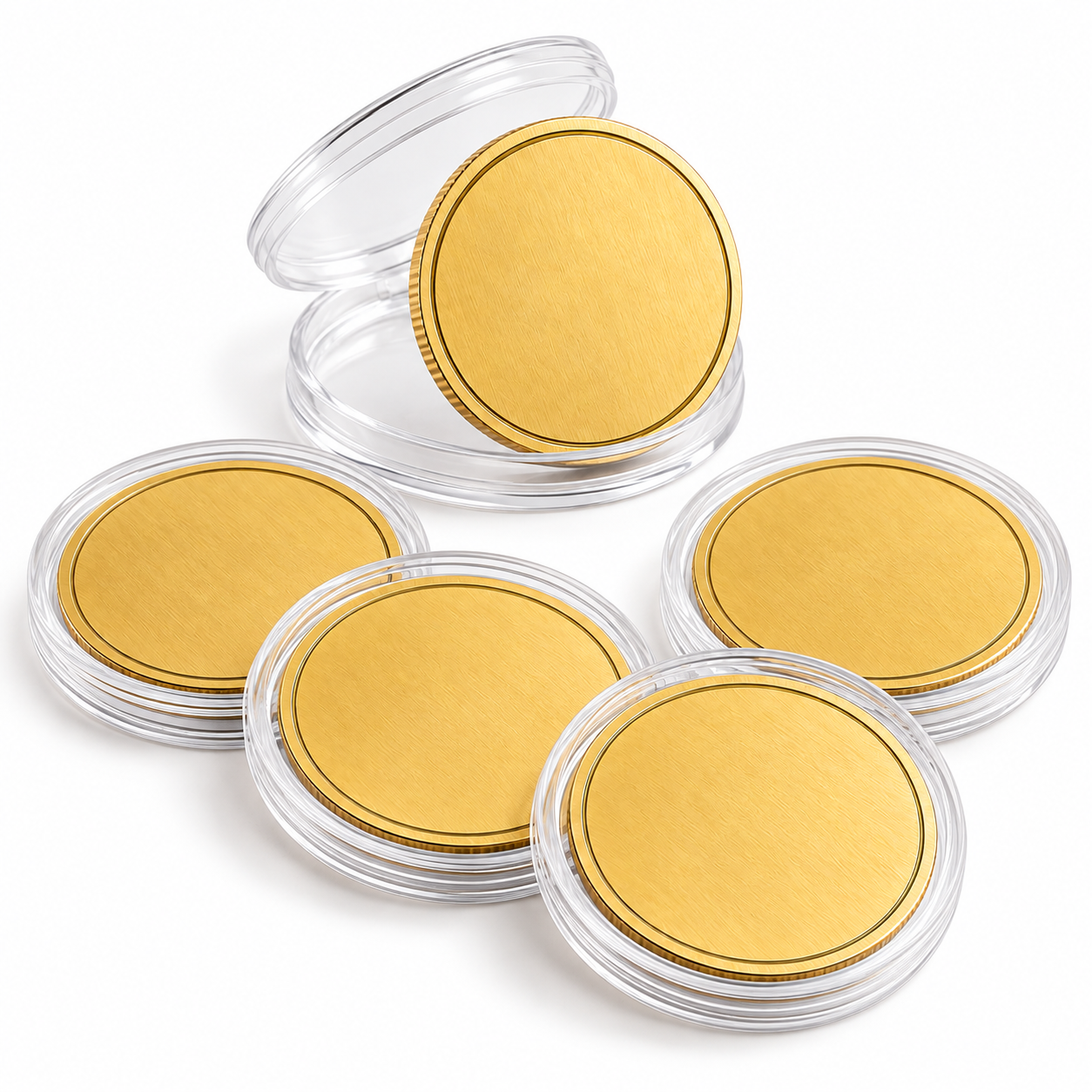 Set of five personalized gold-tone commemorative coins in clear protective capsules