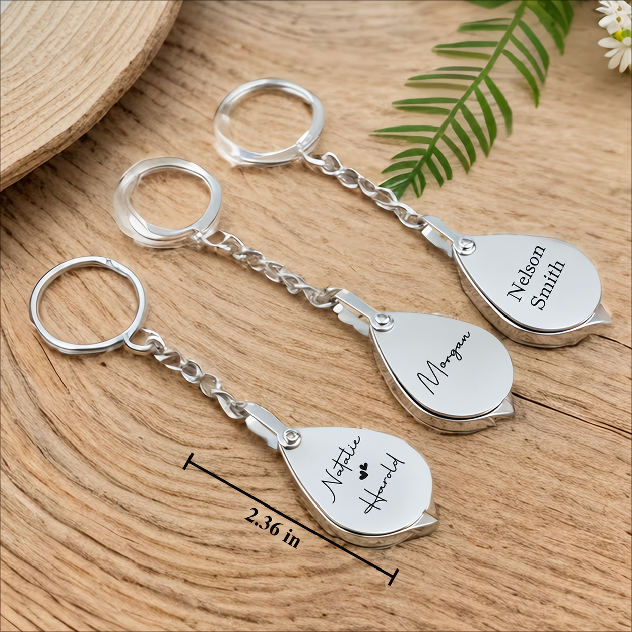 Personalized folding silver magnifying glass keychain, custom engraved gift