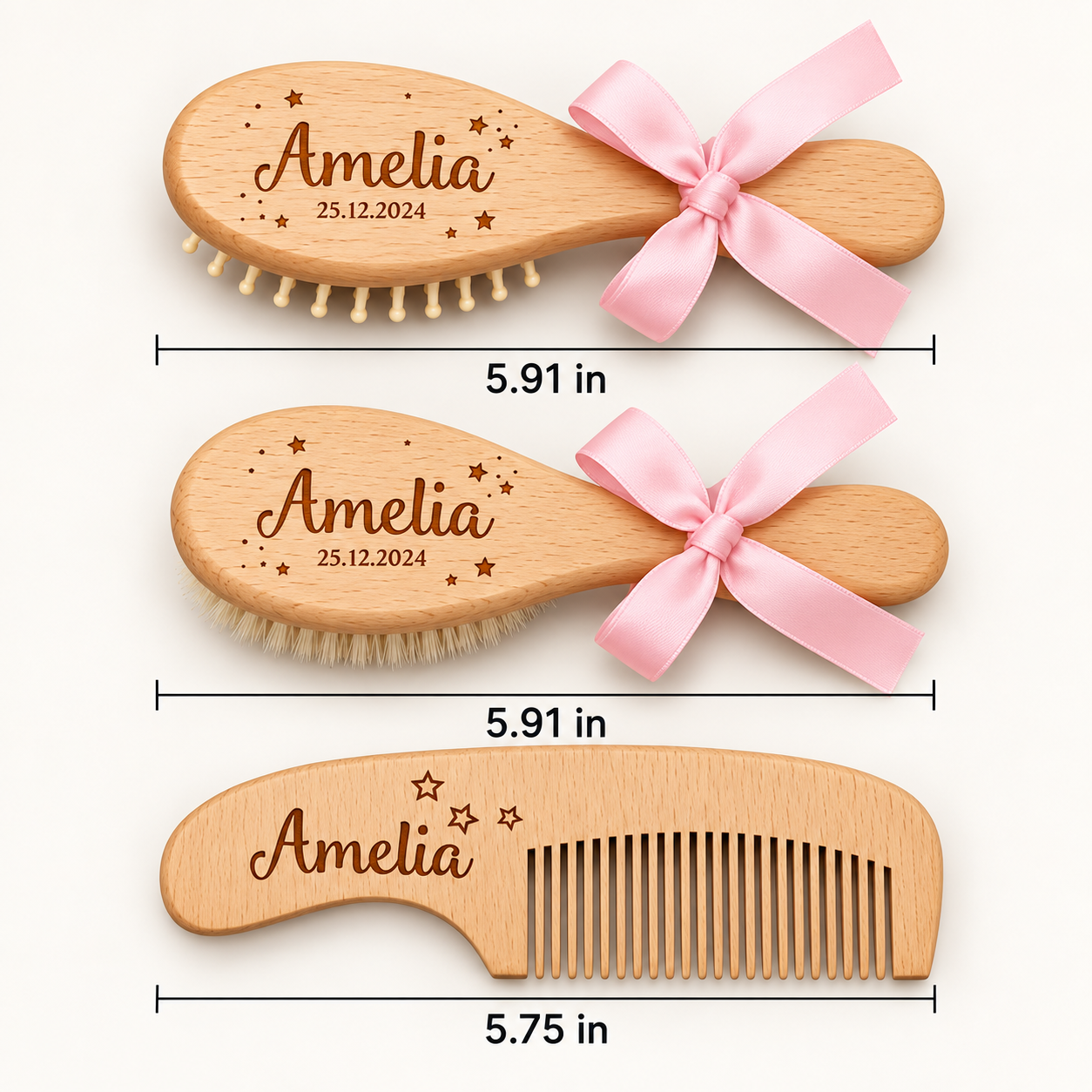 Personalized 3-piece wooden baby brush and comb set with pink satin bows