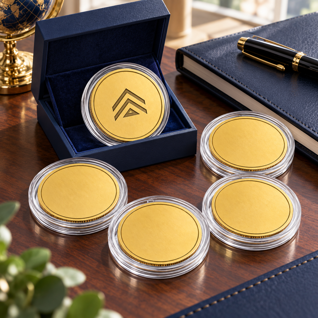 Personalized commemorative coins set of 5, with engraved coin displayed in a navy gift box.