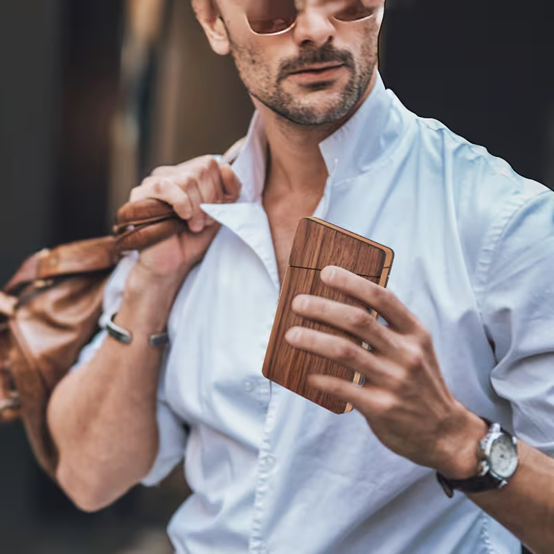 Personalized dark wood-grain card holder for men’s everyday carry