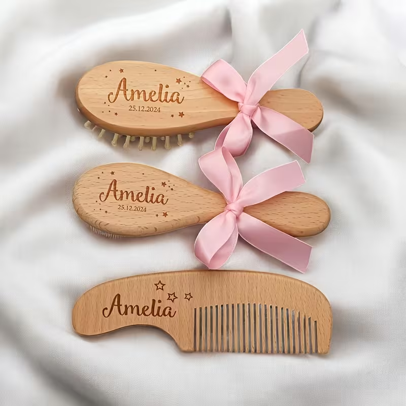 Personalized 3-piece baby brush and comb set with engraved name and pink ribbon