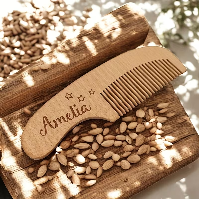 Personalized 3-piece baby brush and comb set with wooden comb engraved Amelia