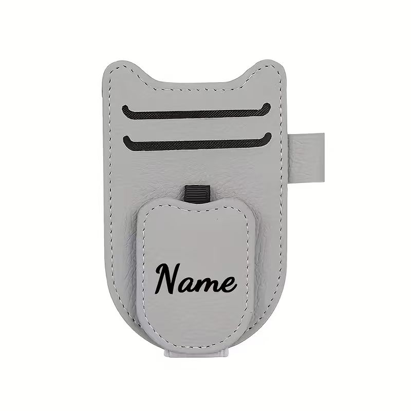 Personalized car visor sunglasses holder with custom name clip, light gray.