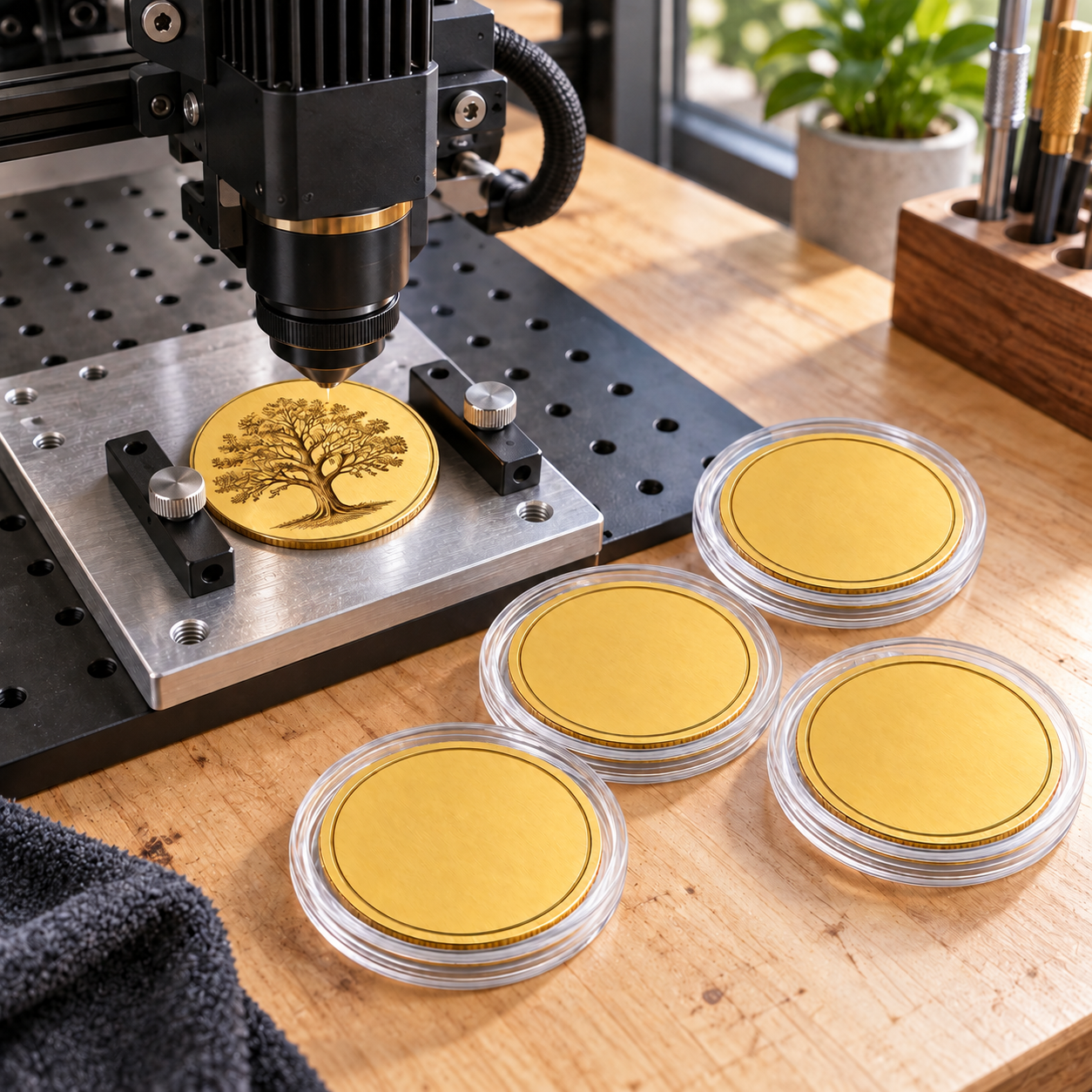 Personalized commemorative coins set of 5 in gold-tone during laser engraving.