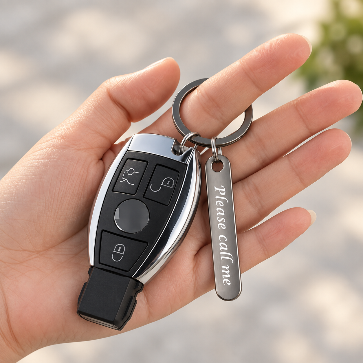 Personalized emergency contact keychain with custom metal tag attached to car keys in hand