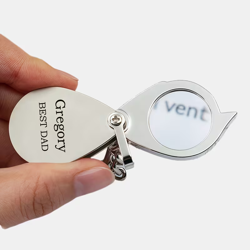 Personalized folding silver magnifying glass keychain, custom engraved gift for dad