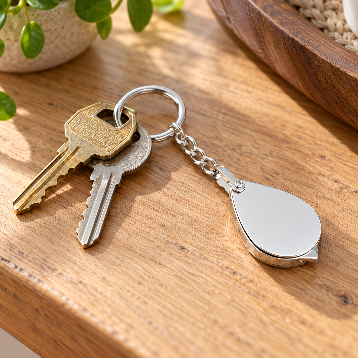 Personalized folding silver magnifying glass keychain gift with keys on a sunlit wooden table.
