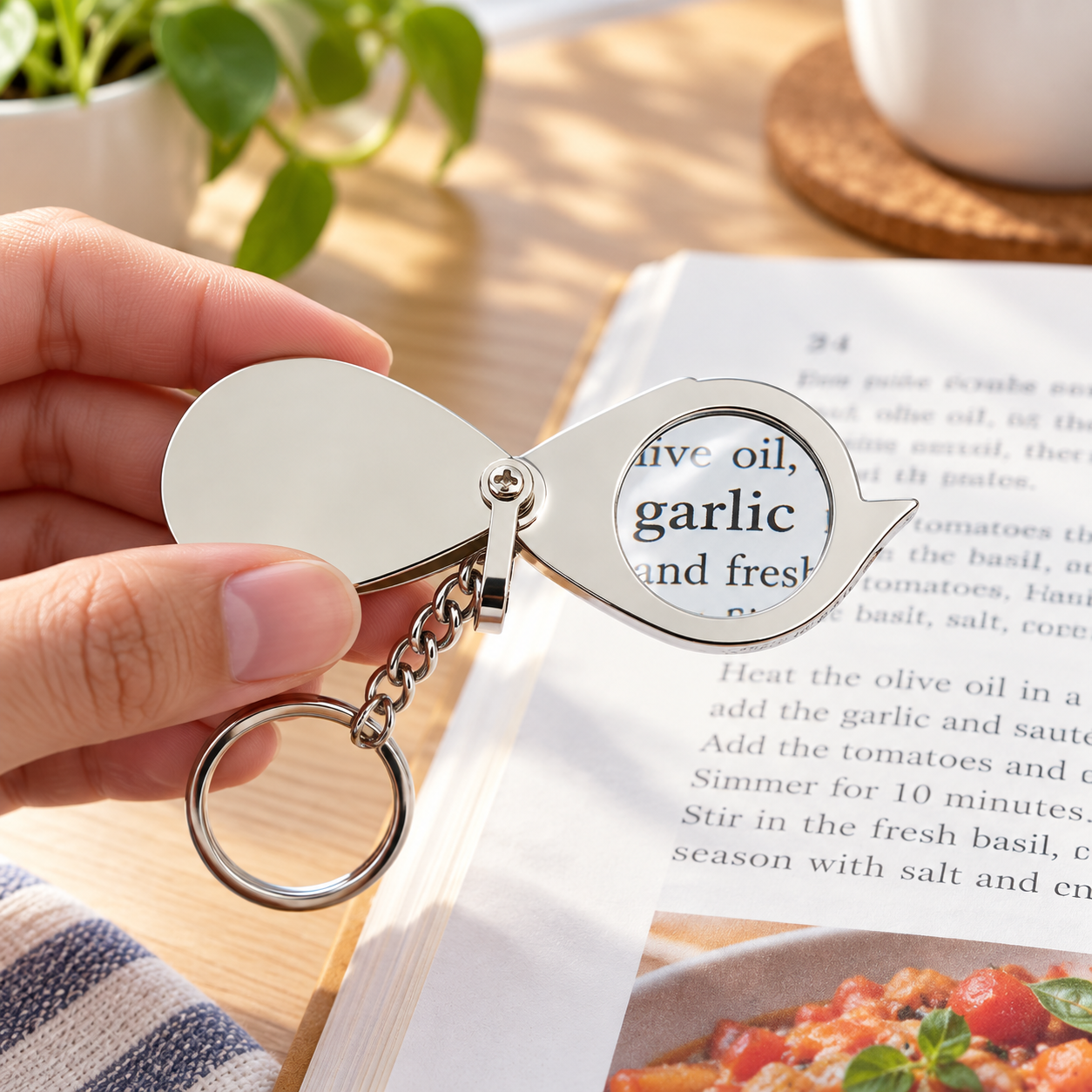 Personalized folding silver magnifying glass keychain, a practical gift for reading fine print