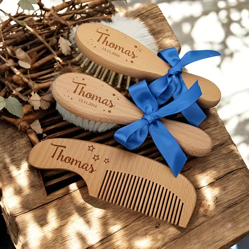 Personalized 3-piece wooden baby brush and comb set with blue ribbon