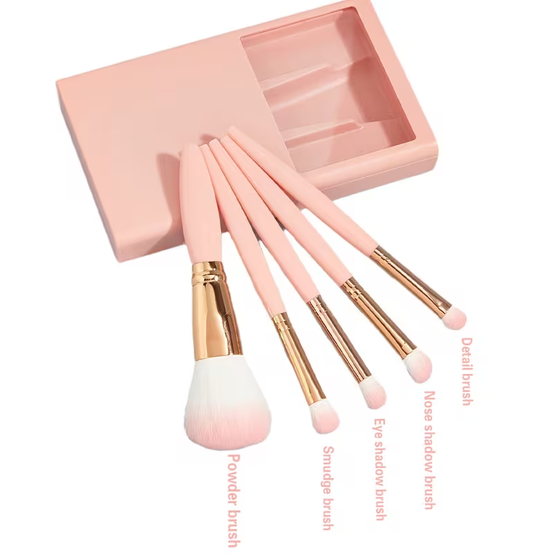 Personalized Makeup Brush Set with Mirror Case – 5-Piece Pink Travel Set