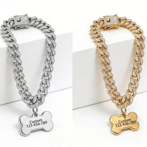Personalized Rhinestone Dog Collar with Engraved Bone Tag