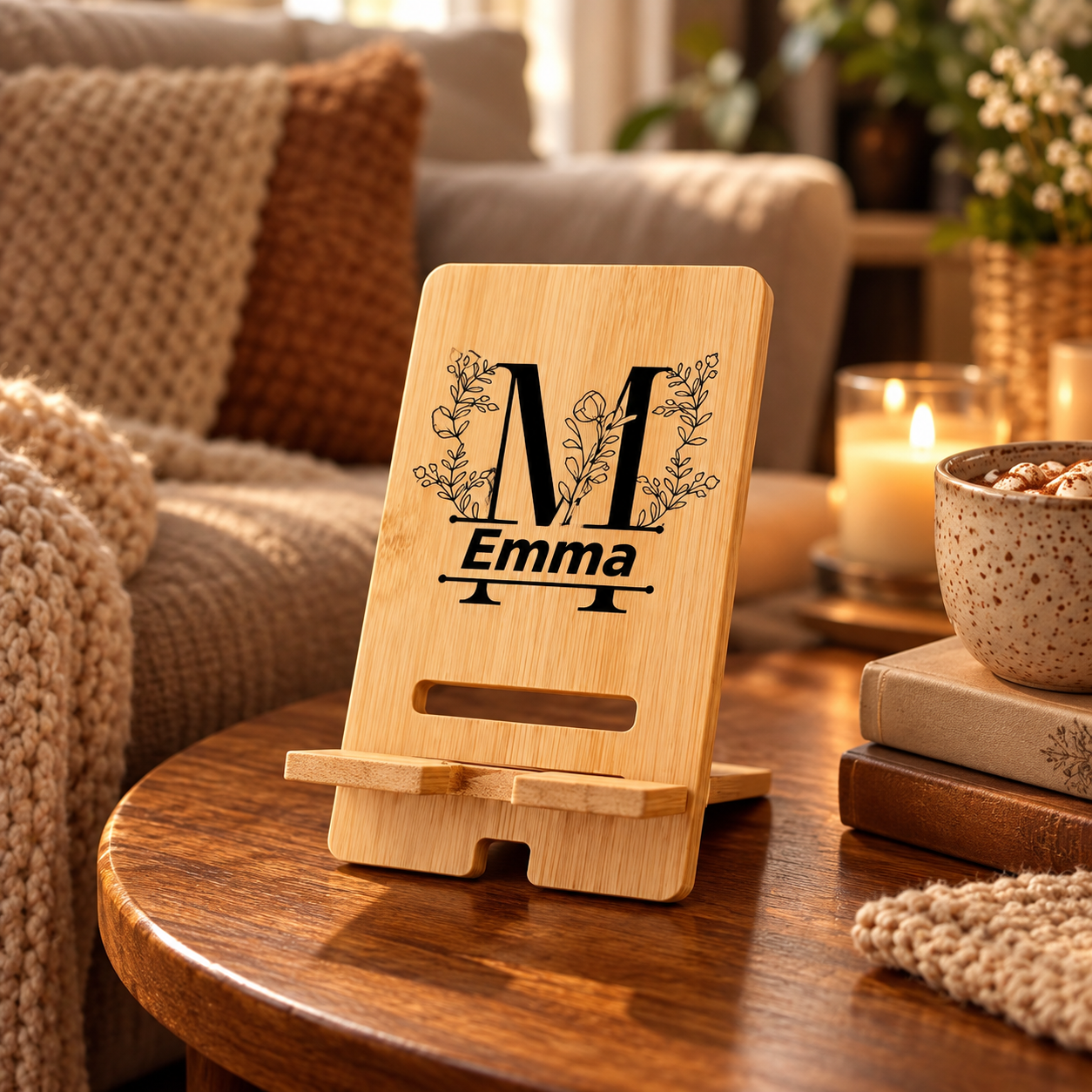 Personalized Bamboo Phone Stand – Custom Name & Floral Monogram