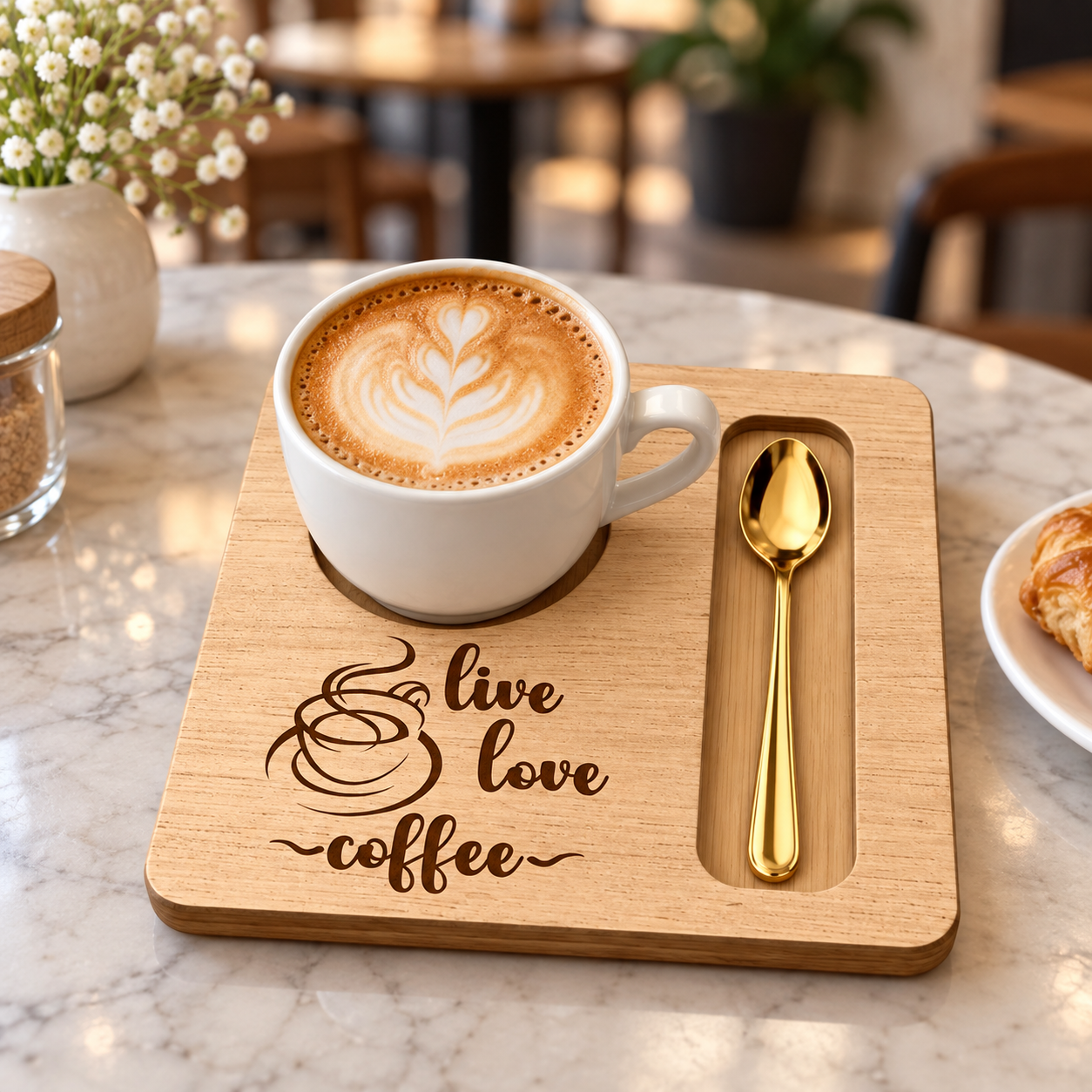 Personalized Wooden Coffee Tray with Cup and Spoon Slots