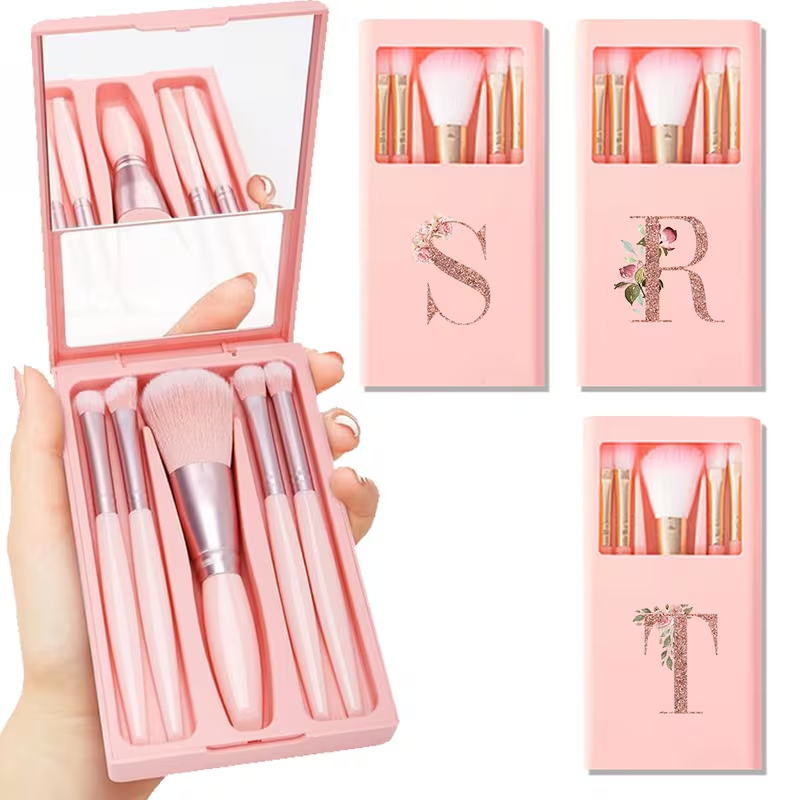 Personalized Makeup Brush Set with Mirror Case – 5-Piece Pink Travel Set
