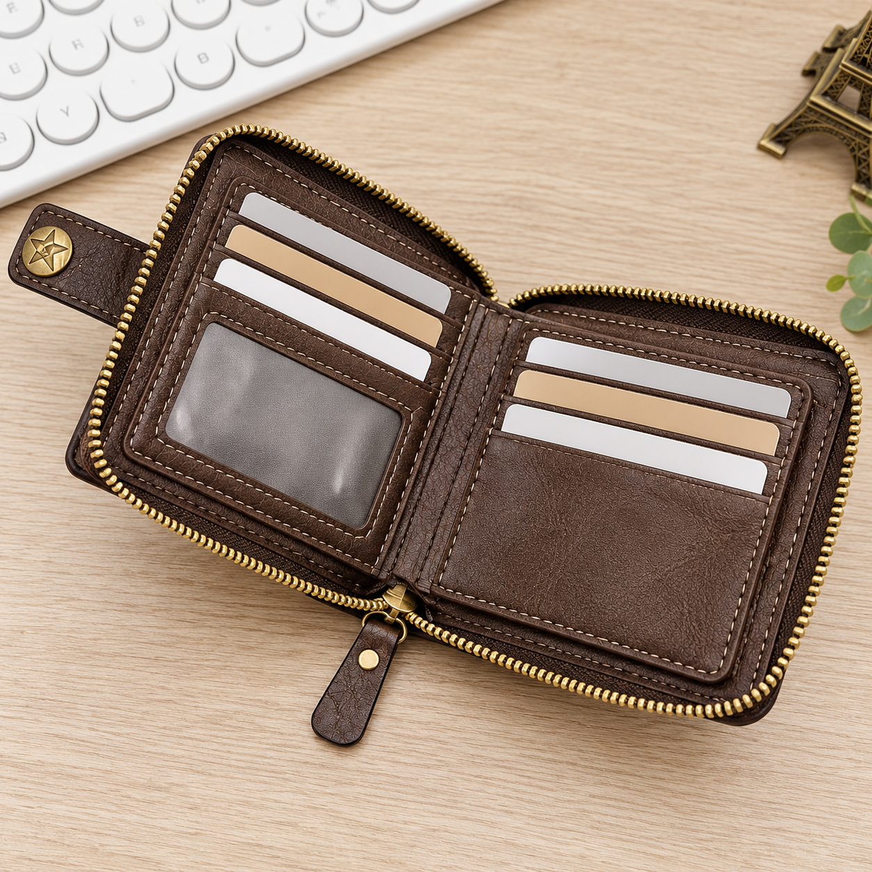 Personalized Zip Around Wallet with Star Snap and Name Engraving