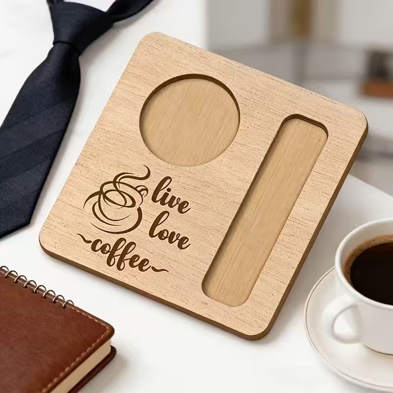 Personalized Wooden Coffee Tray with Cup and Spoon Slots