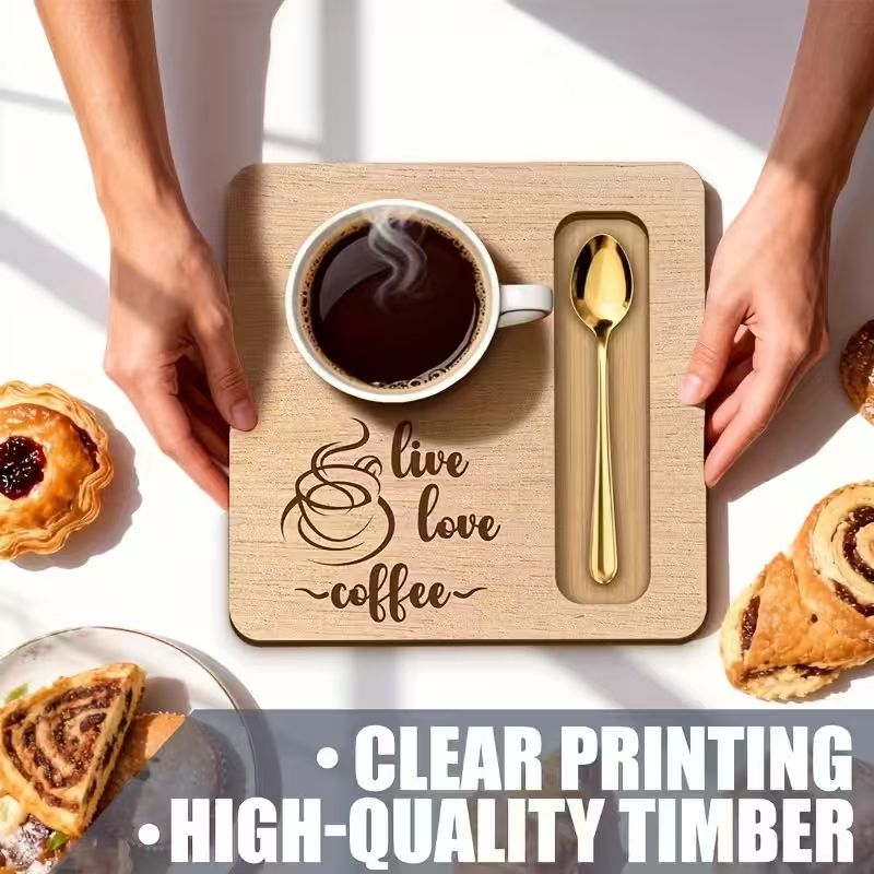 Personalized Wooden Coffee Tray with Cup and Spoon Slots
