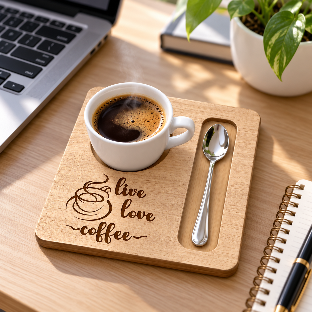 Personalized Wooden Coffee Tray with Cup and Spoon Slots