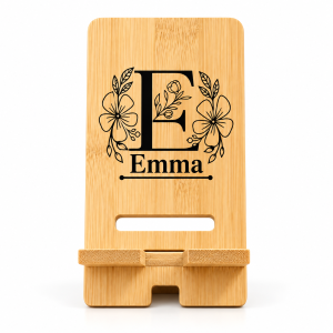 Personalized Bamboo Phone Stand – Custom Name & Floral Monogram