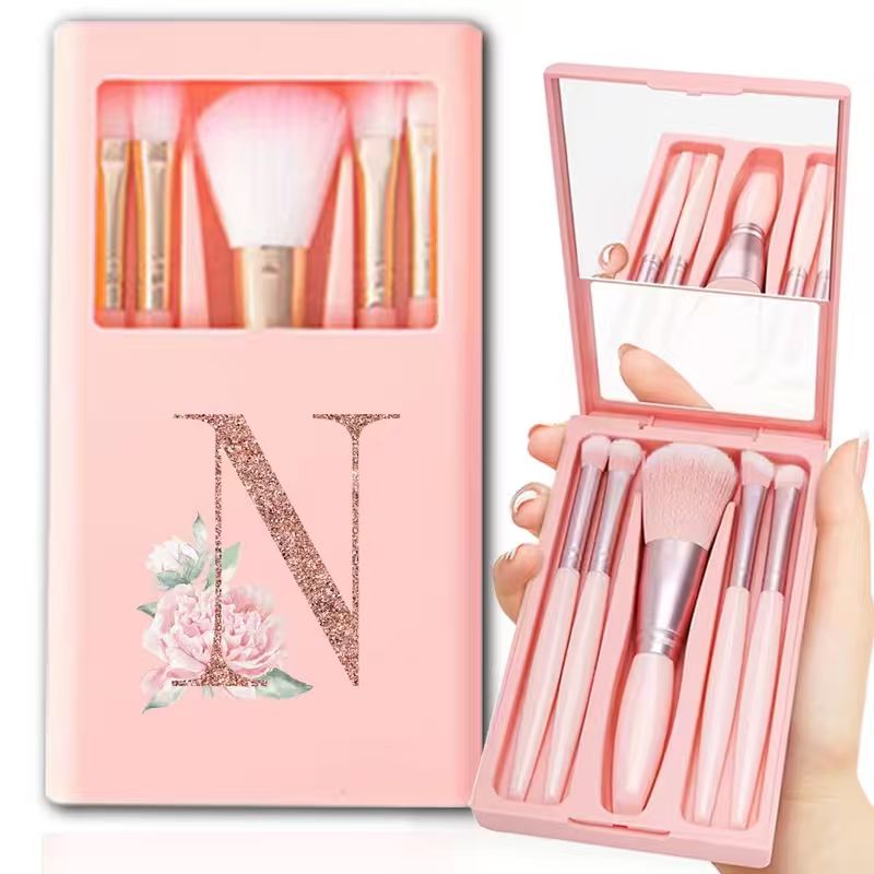Personalized Makeup Brush Set with Mirror Case – 5-Piece Pink Travel Set