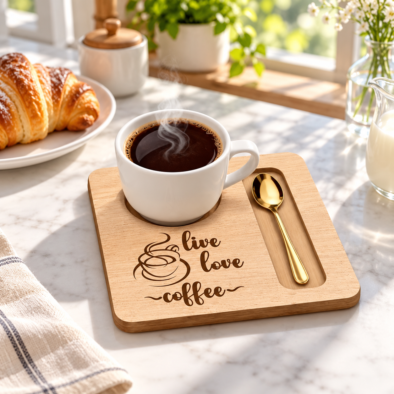 Personalized Wooden Coffee Tray with Cup and Spoon Slots