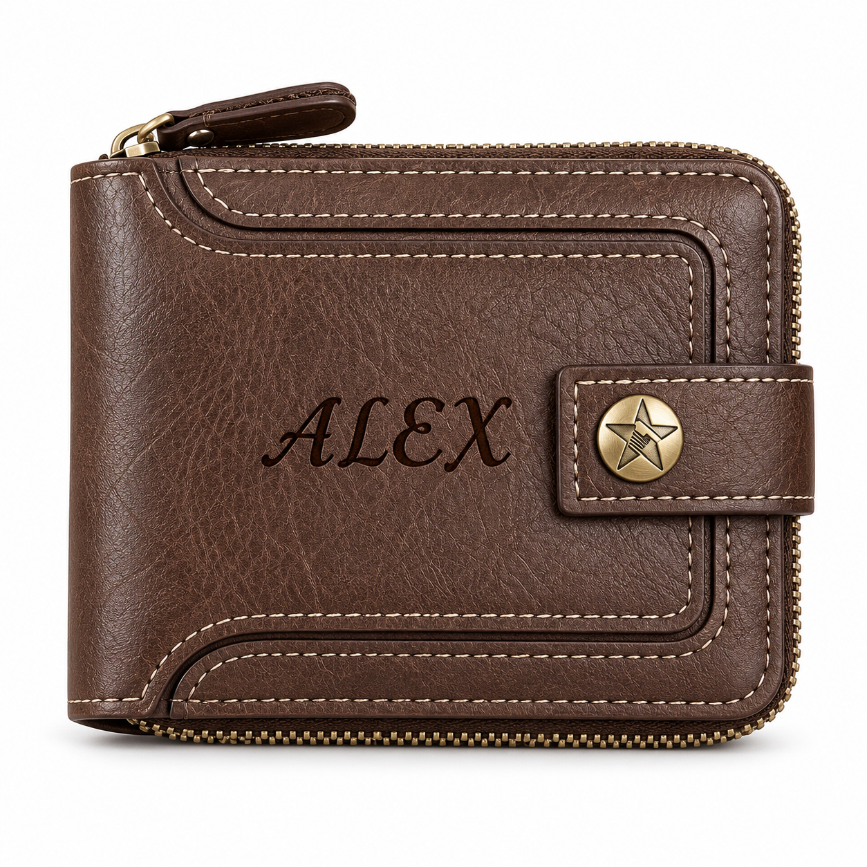 Personalized Zip Around Wallet with Star Snap and Name Engraving
