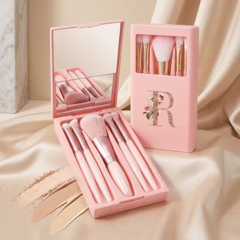 Personalized Makeup Brush Set with Mirror Case – 5-Piece Pink Travel Set