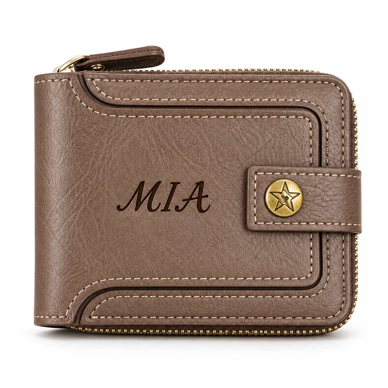Personalized Zip Around Wallet with Star Snap and Name Engraving