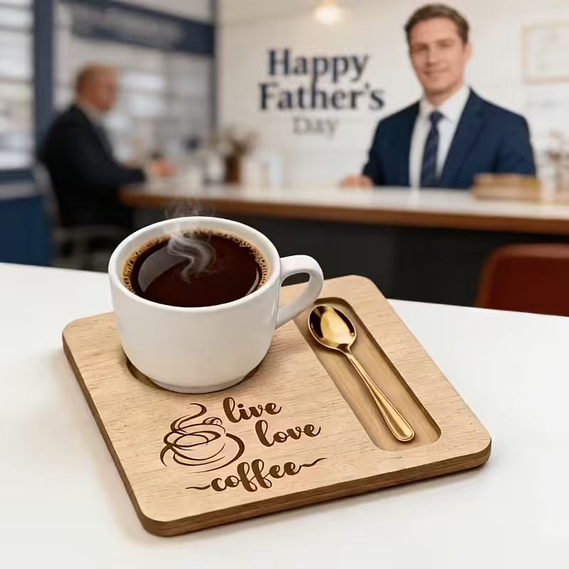 Personalized Wooden Coffee Tray with Cup and Spoon Slots