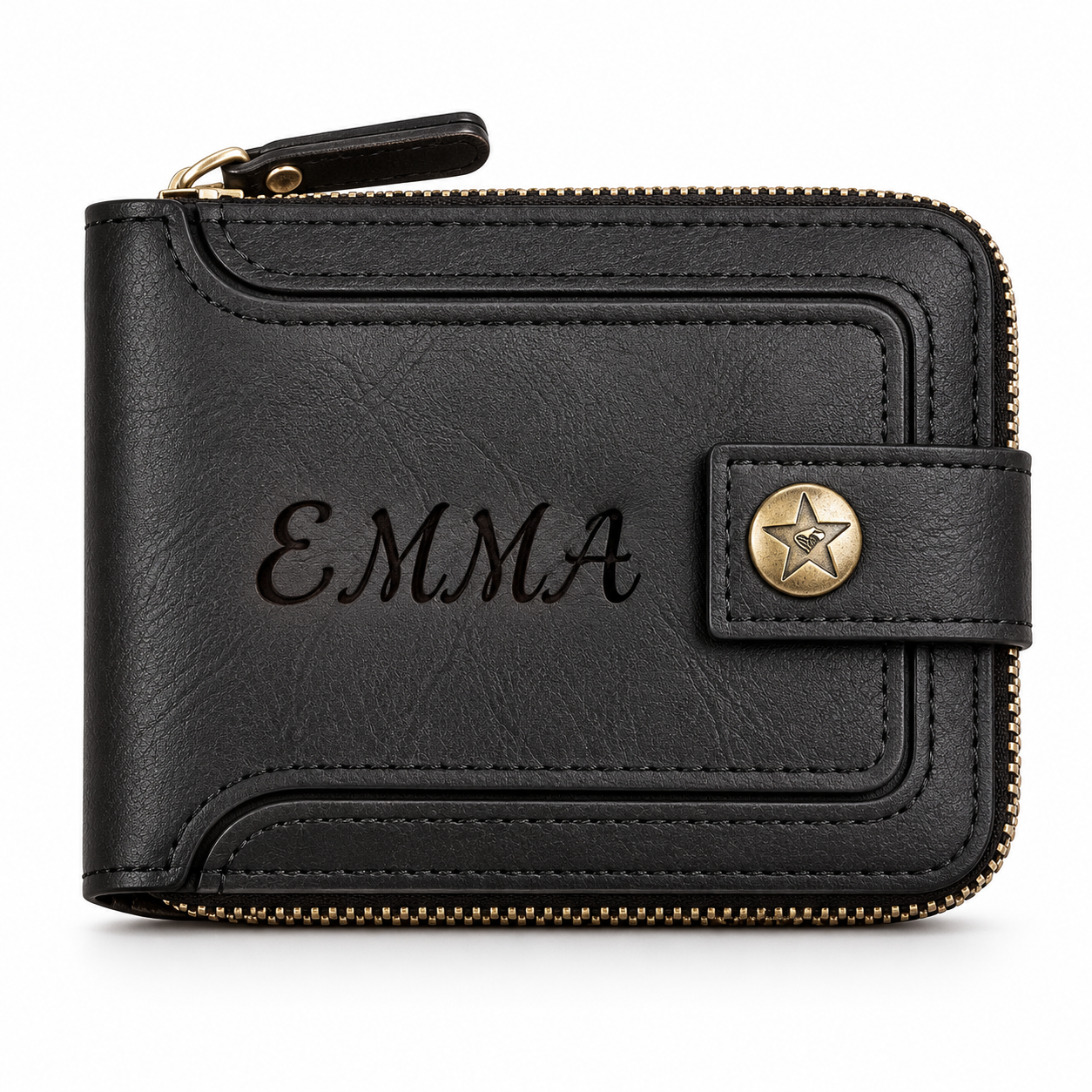 Personalized Zip Around Wallet with Star Snap and Name Engraving