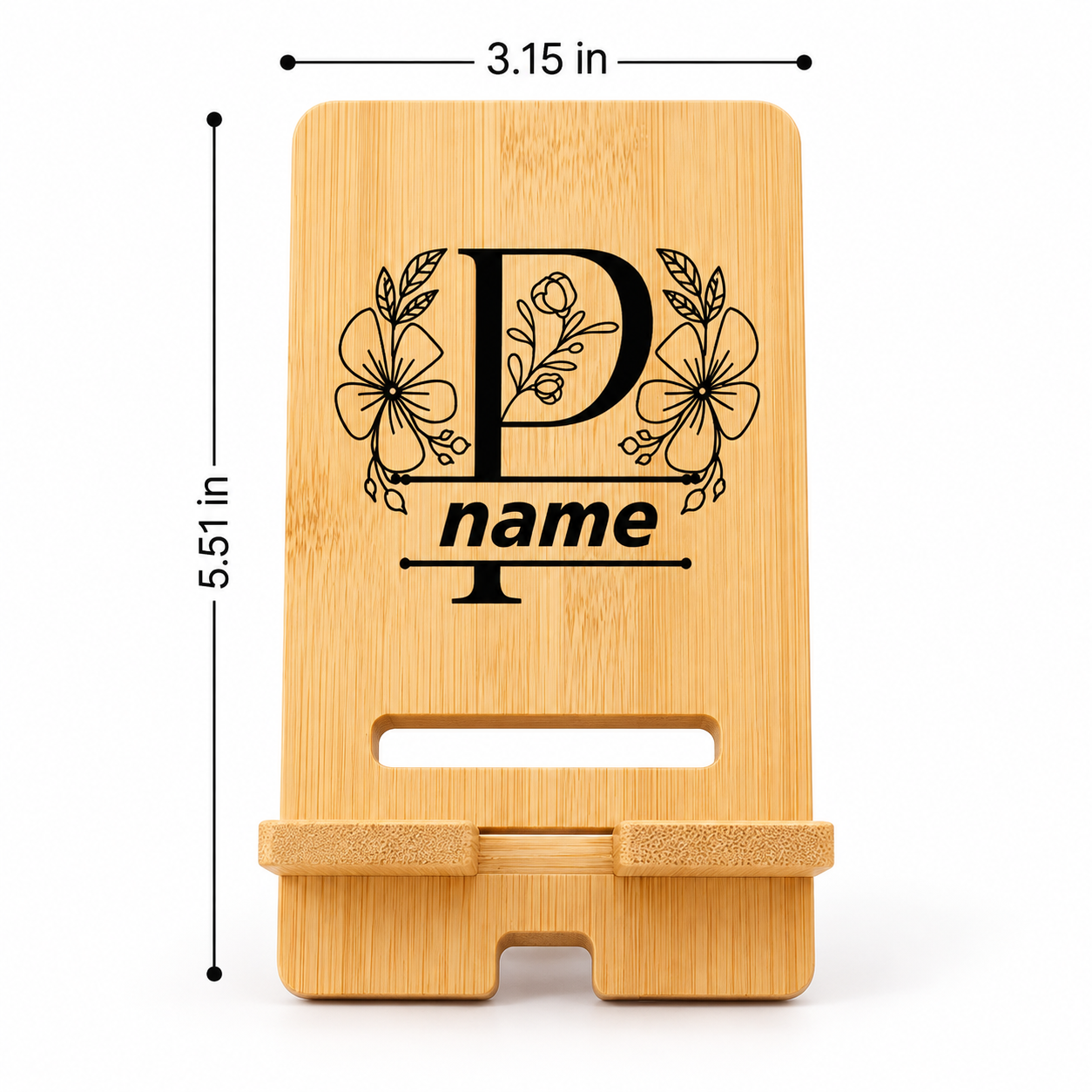 Personalized Bamboo Phone Stand – Custom Name & Floral Monogram
