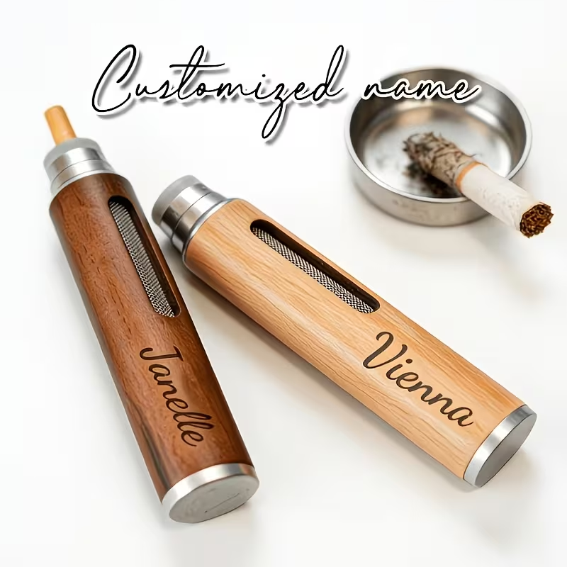 Personalized Handheld Ashtray – Portable Wood-Finish Cigarette Ash Holder
