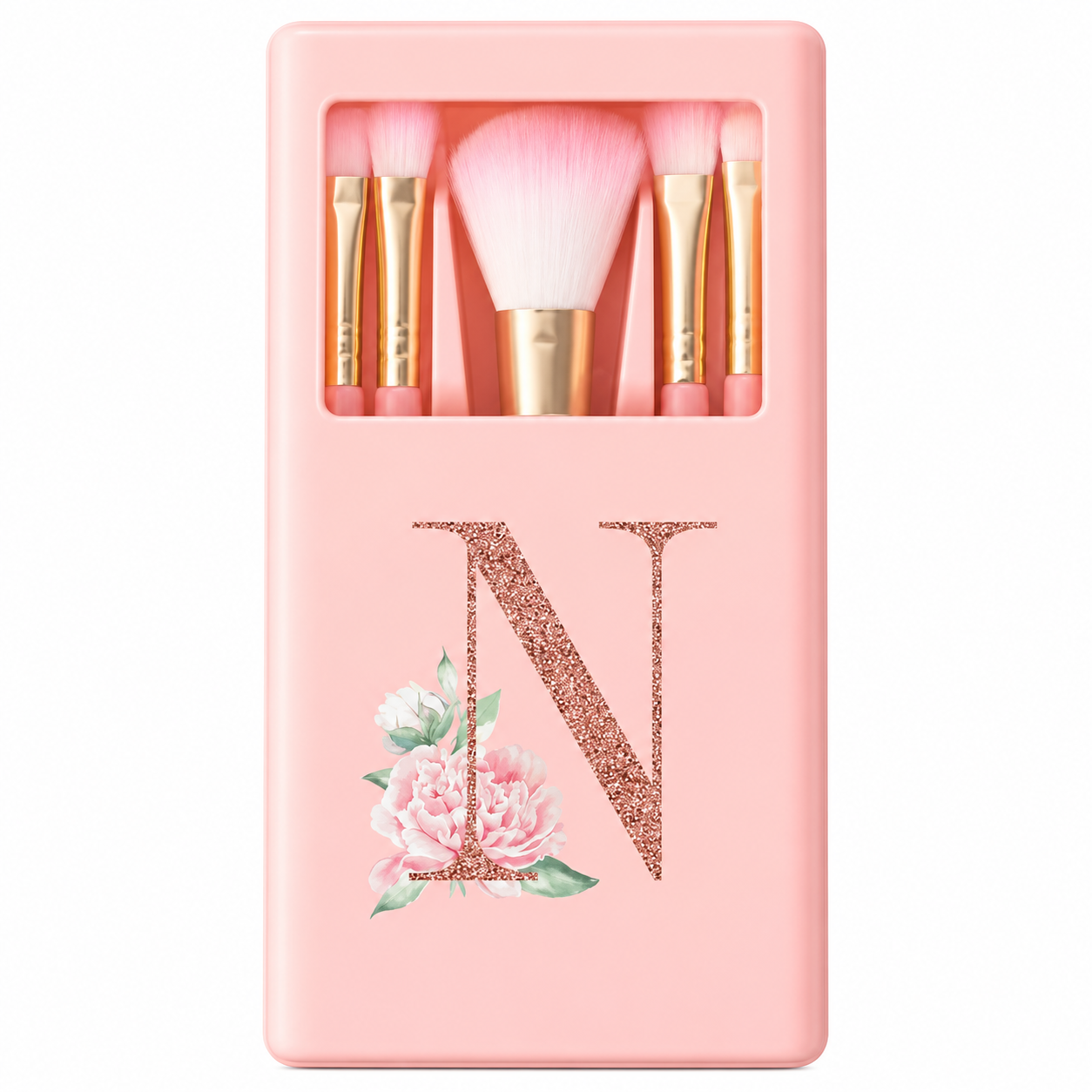Personalized Makeup Brush Set with Mirror Case – 5-Piece Pink Travel Set