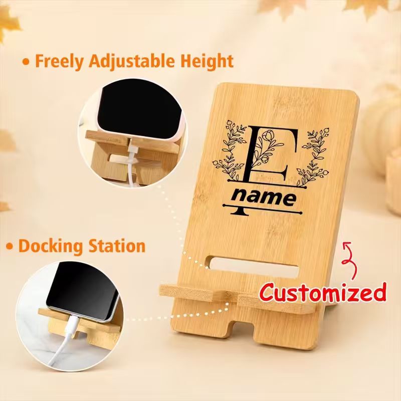 Personalized Bamboo Phone Stand – Custom Name & Floral Monogram
